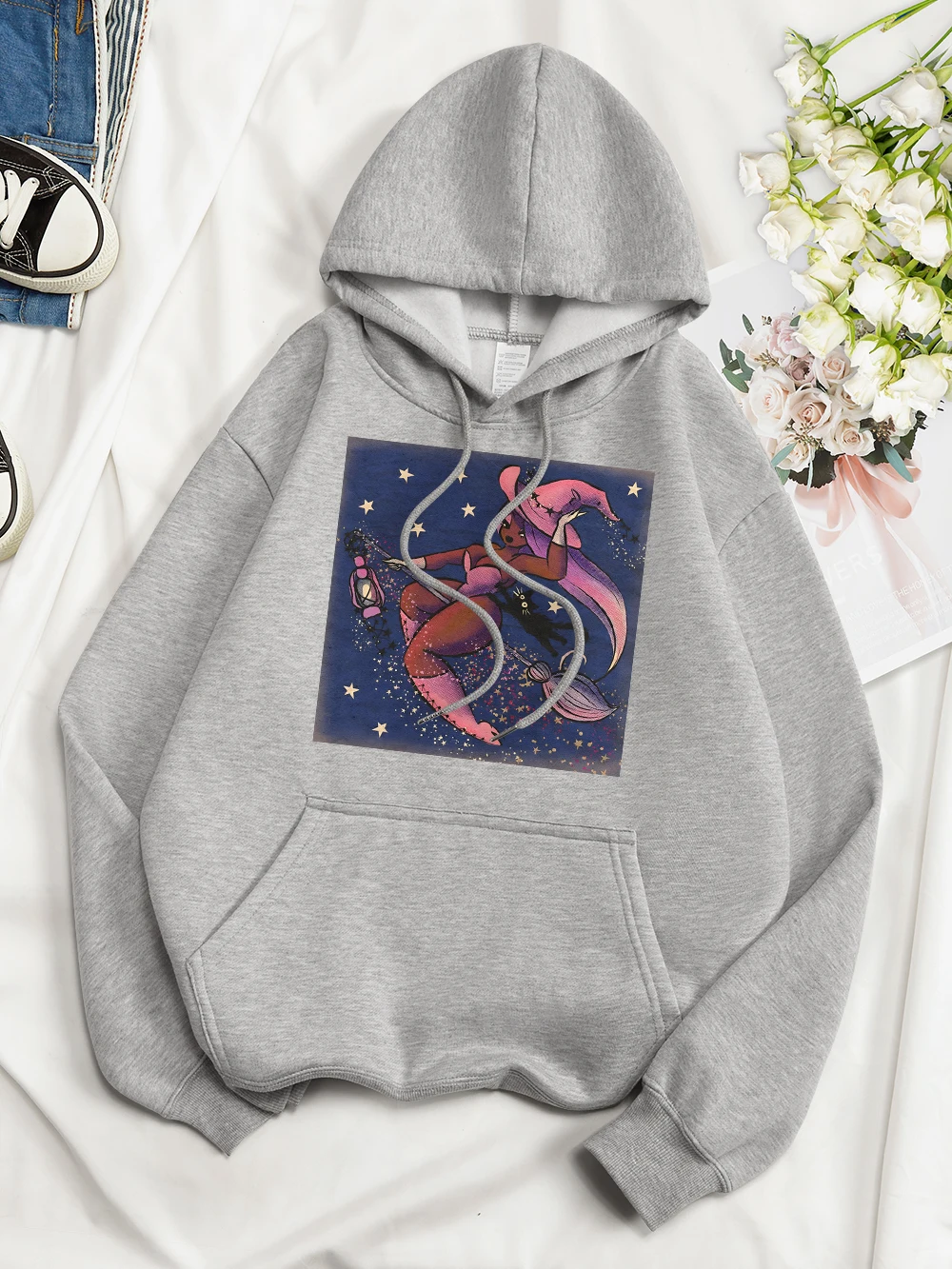 

The Sexy Witch On The Broomstick And Her Black Cat Women Clothing Creativity Funny Tops Cotton Autumn Casual Female Sweatshirts