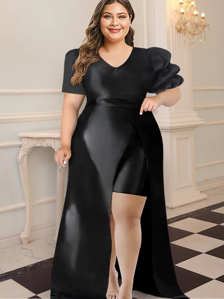 Plus Size Party Dresses Women Elegant High Slit Black Long Robes Puff Sleeve V Neck Sexy Night Event Celebrity Evening Gown 2022