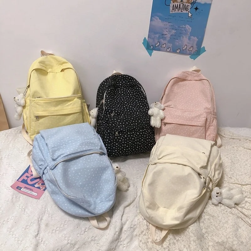 

Fashion Women Backpacks Kawaii Pendant Solid Color School Bag For Girls Simple Style Nylon Large Capacity Waterproof Travel Bags