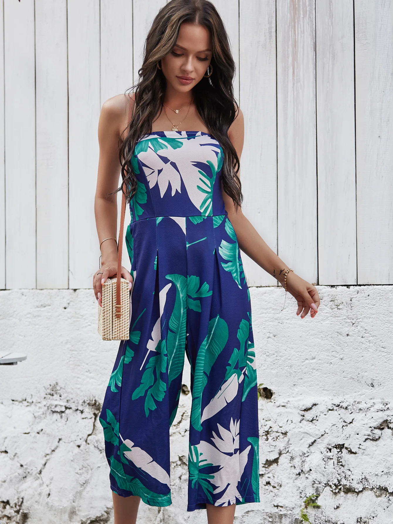 Spring/Summer fashion new sexy wrap digital print jumpsuit wide-leg pants womenswear