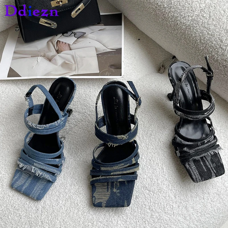 

2023 Denim Ladies Pumps High Heels Shoes Footwear Sandals New Female Slingbacks Buckle Fashion Elegant Women Heeled Sandals
