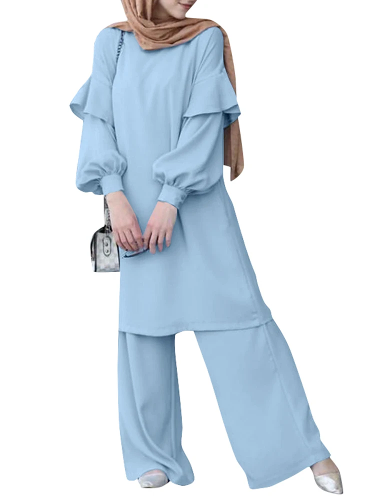 

ZANZEA Elegant Muslim Matching Sets Women Spring Long Sleeve Ruffles Blouse and Pants Female Elastic Waist Pantalon 2PCS Suits