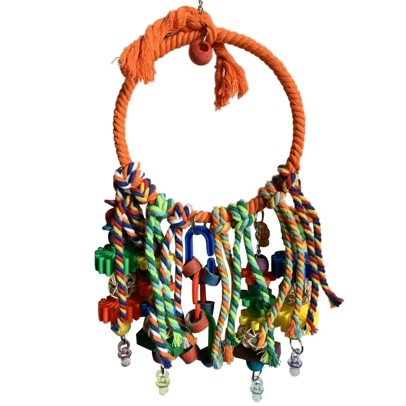 

Parrot Chew Toys Colorful Rope Ring Perch Swing Wood Plastic Bird Chewing Toy Reducing Boring Easy to Hang Cage Decor