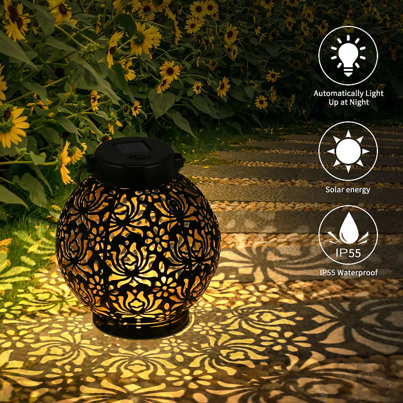 

LED Solar Lantern Light Hollow Lantern Projection Light Wrought Iron Hanging Lamps Waterproof Outdoor Garden Yard Art Decoration