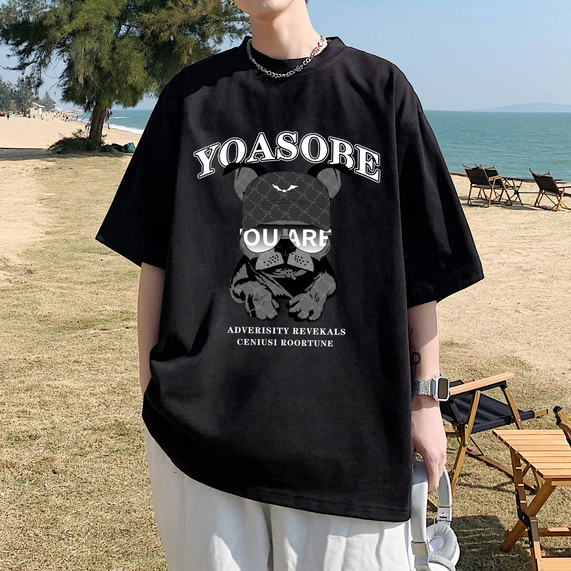 

Tide Brand West Coast Short Sleeve T-Shirt Men's Summer Loose Large Size Small Neckline Casual Half Sleeve Black