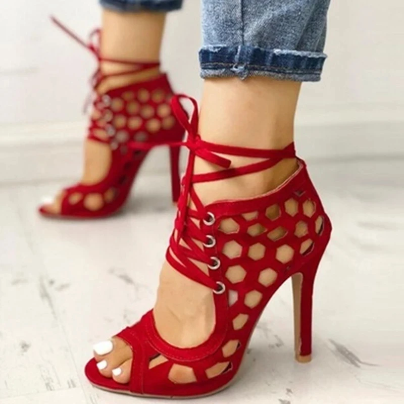 

2022 New Women Thin Heels Shoes Summer New Snakeskin Pattern Stitching Pumps Thin Belt Combination Roman Lace Up Sandals