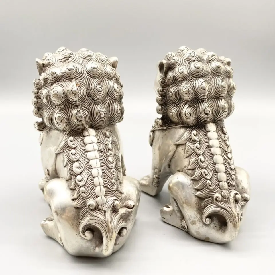 Китайская старая тибетская Серебряная резная пара собака Лев статуя - купить по