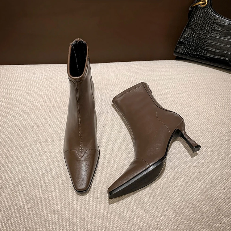 Korean Style Short Boots Women's Autumn and Winter New Pointed Toe Stiletto Back Zipper Sheep Grain Elastic High-heeled Boots
