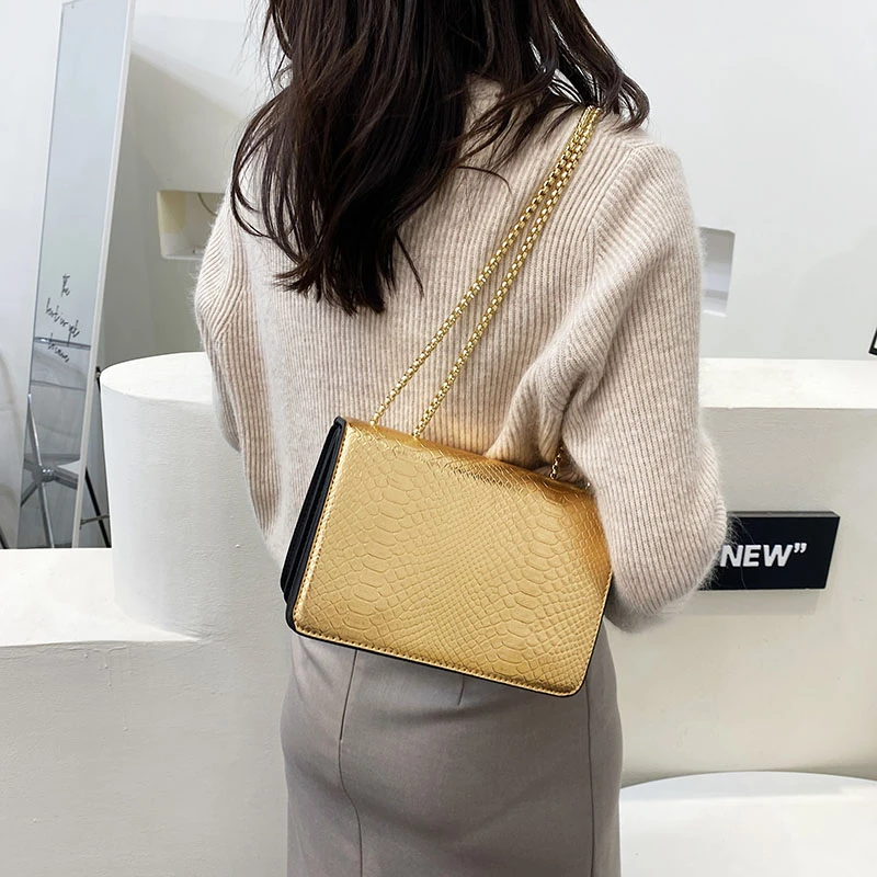 Fashion Exquisite Ladies Shoulder Bags 2023 New Wild Chain Messenger Bag PU Solid Color Crocodile Pattern Small Square Bag