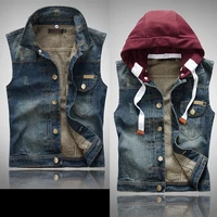 korean mens denim vest spring summer pocket stitching vest men hat detachable hooded cardigan single breasted sleeveless vest