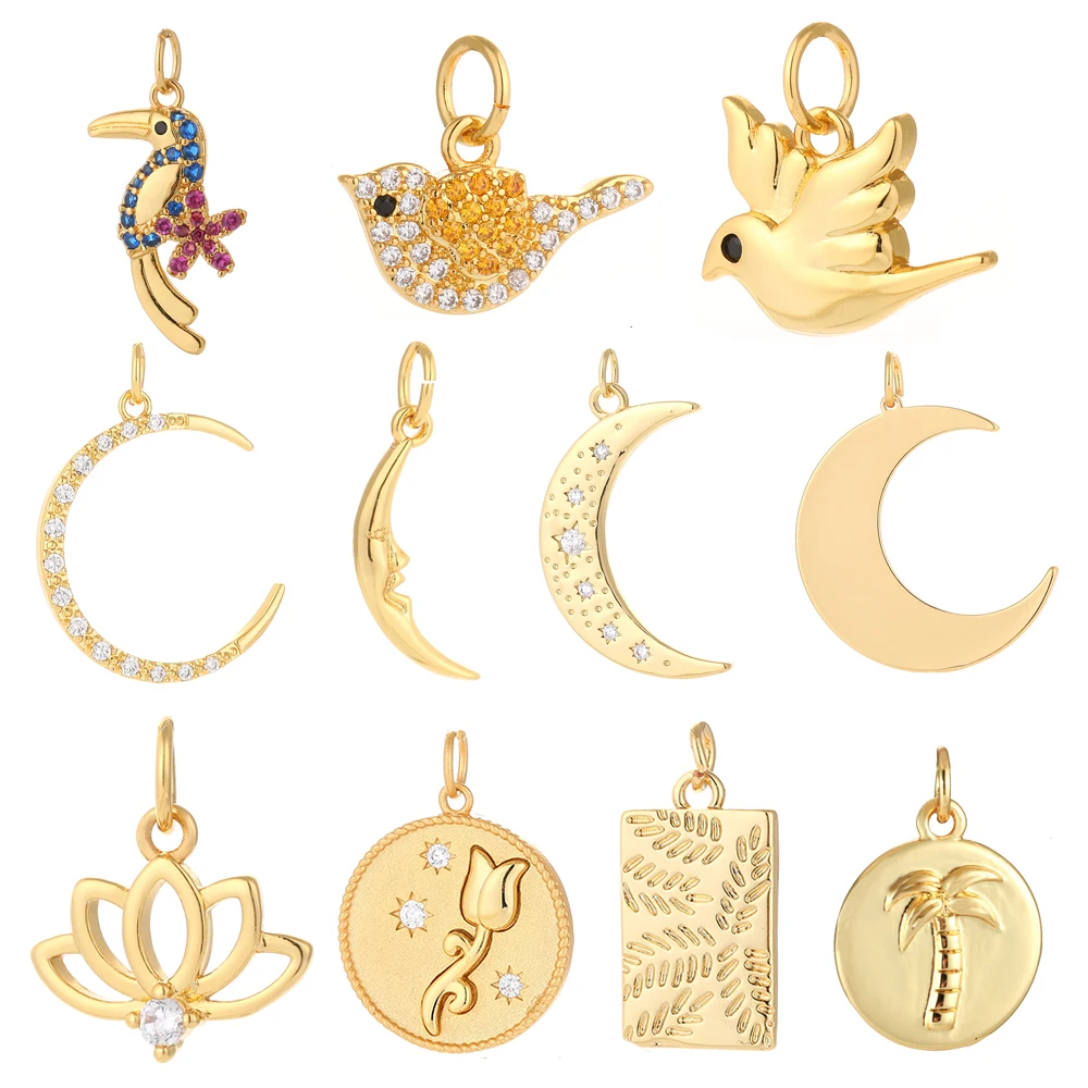 

Cute Moon Flower Bird Pendant Charms for Jewelry Making SuppliesDiy Earring Bracelet Necklace Gold Color Copper Zircon Resin
