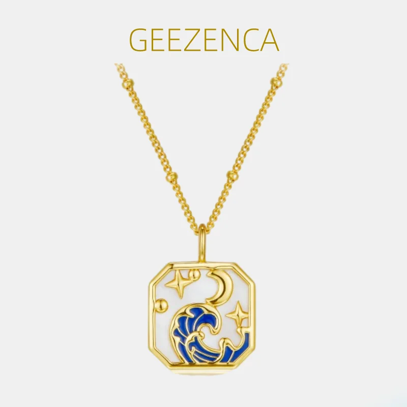 

GEEZENCA Mother of Pearl 925 Silver Resin Square Pendant Necklace For Women White Shell Wave Moon Star Chic Necklaces 2023 New