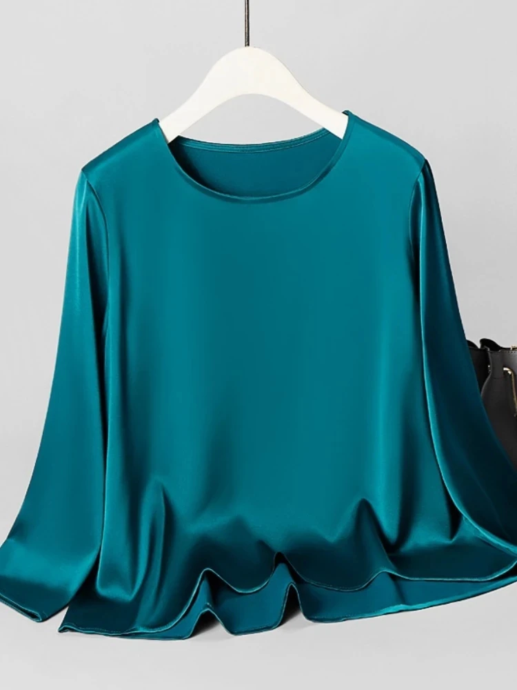 

Рубашка женская с круглым вырезом, шелковая ацетатная атласная блузка, Свободный Топ, офисная одежда из натурального шелка, весна-лето 2022