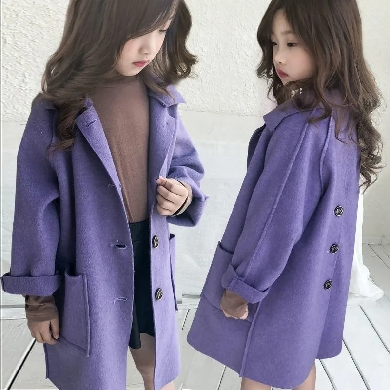

New Autumn girls Wool winter coats Blends Jacket Double-Sided Synthesis Coat Mid-Length Casual Children's Clothing kids clothes