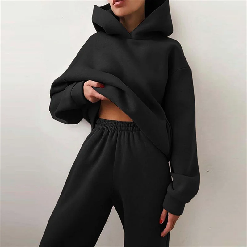 2 Piece Set Suits Winter Solid Women Fleece-lined Warm Elegant Tracksuit Hoodies Oversized Pullover Sweatshirt Pants Sportwea