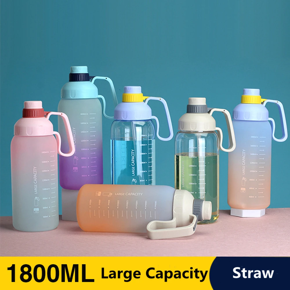 

1.8L Portable Large-Capacity Water Bottle Time Marker Leak-Proof BPA Frosted Cup For Outdoor Sports Drinking Bottle With Straw