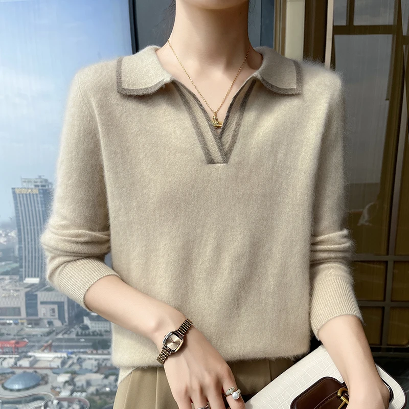 Женский кашемировый свитер Bai Baihe контрастный пуловер с отложным воротником и