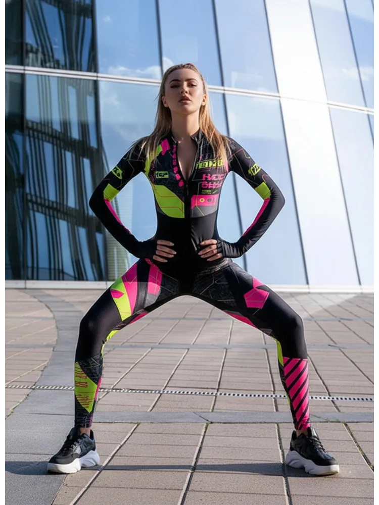 Фото Женский комбинезон Gymdolphin с геометрическим принтом (розовый и зеленый), на молнии, с длинными рукавами, 2026, стильный облегающий фитнес-костюм для спортзала №3