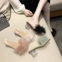 new crystal heel plush slippers women wear 2022 summer new korean version thick heel fashion high heel slippers