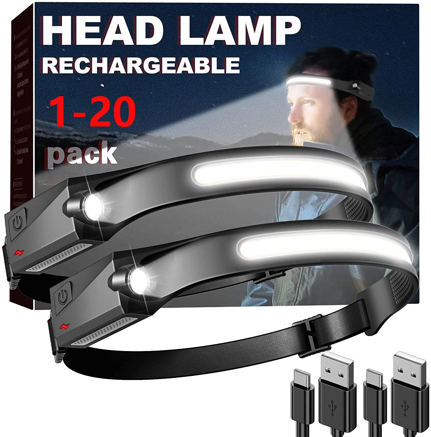 1-20PCS LED headlamp rechargeable headlight 230 ° wide beam head lamp  5 modes head light head flash light suitable for camping