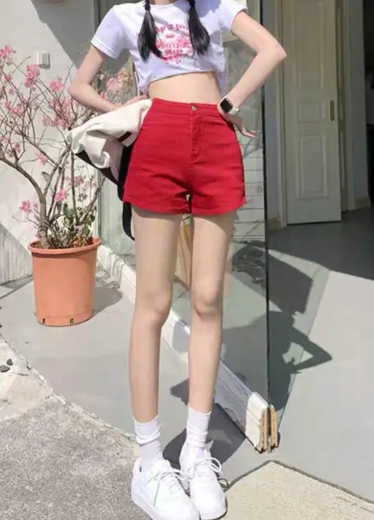 Red Elastic Denim Shorts Women's Summer High Waist Skinny Elastic Hot Pants Multicolor