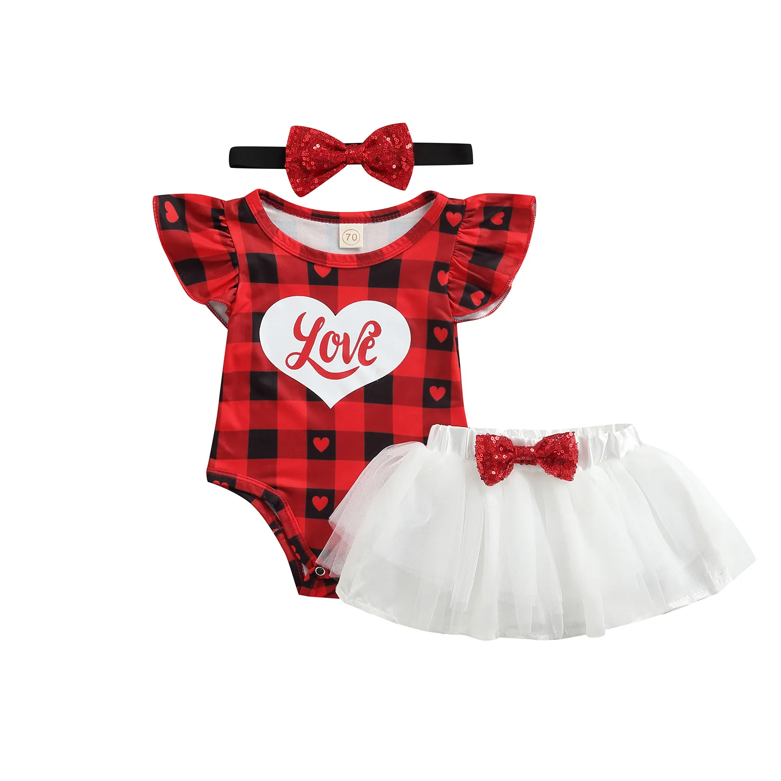 

Lioraitiin 0-18M Newborn Infant 3 Pcs Baby Girls Outfits Love & Letter Print Short Sleeve Plaid Bodysuit Skirt Bow Headband