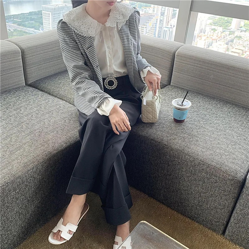 Women Lace Peter Pan Collar Plaid Short Blazers Slim Single Button Lolita Style Chic Suit 2021 New Fashion Spring Autumn Blazer