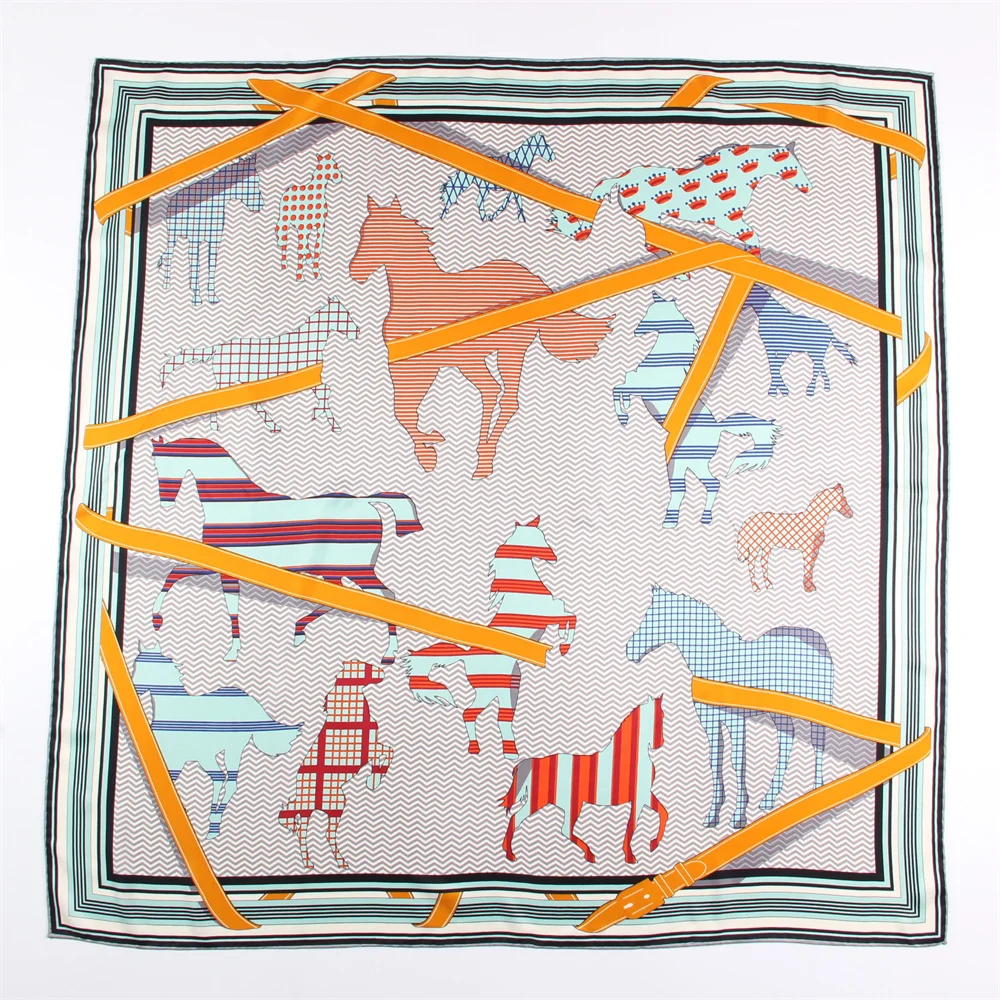 

Horse Print Twill Silk Scarves Wraps Women Square Shawl Brand Hijab Bandana Handmade Curled Head Scarf Neckerchief 90CM