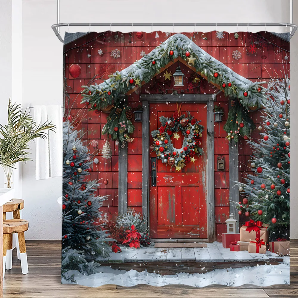 Рождественская занавеска для душа зимний праздник красная дверь сарая елка