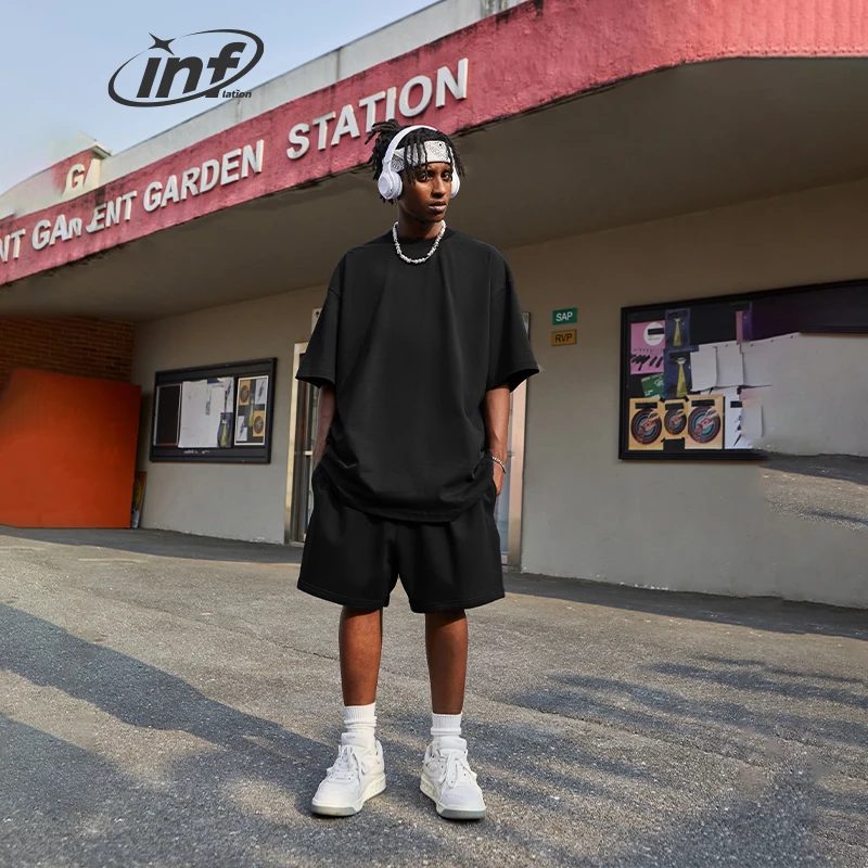 INFLATION Summer Heavyweight 100% Cotton Tracksuit Set Unisex Candy Color Oversize Tshirts and Shorts Set (not 100% same color)