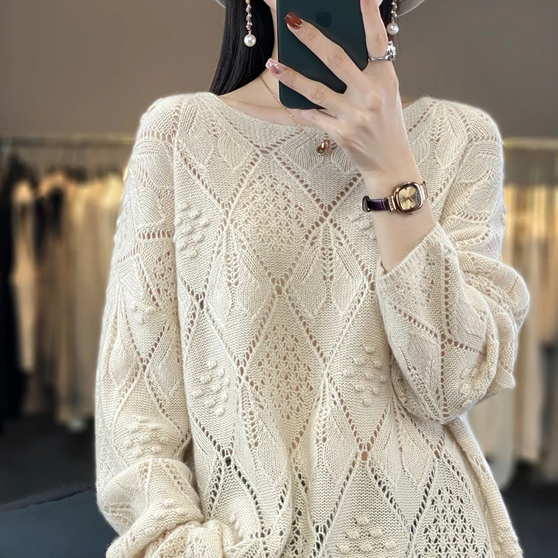 

2023 Spring New Women's Round Neck Sweater 100% Pure Wool Knitted Wispy Pullover Fashion Casual Loose Thin Top Micropermeability