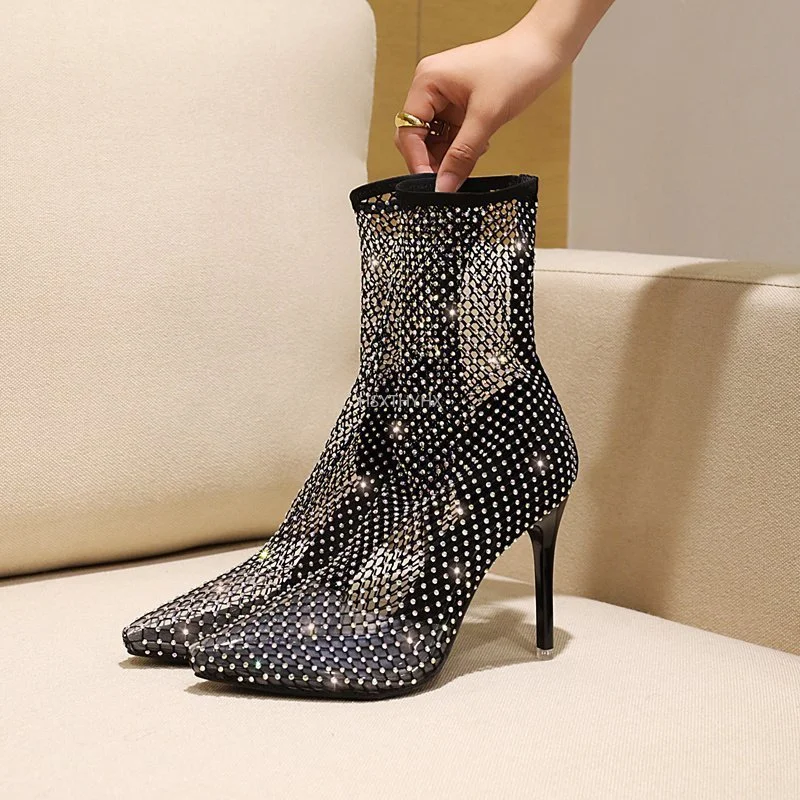 

New Design Crystal Rhinestone Mesh Stretch Fabric Sock Boots Fashion Transparent Pointed Toe Shoes Sexy High Heels Lady Sandals
