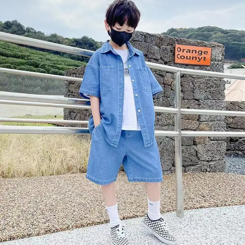 

2023 Summer New Tide Fashion Boy Girl Clothes Short Sleeve Lapel Shirt Denim Pants Kid 2PCS Suits Outfit 2-Piece Jeans Thin Teen