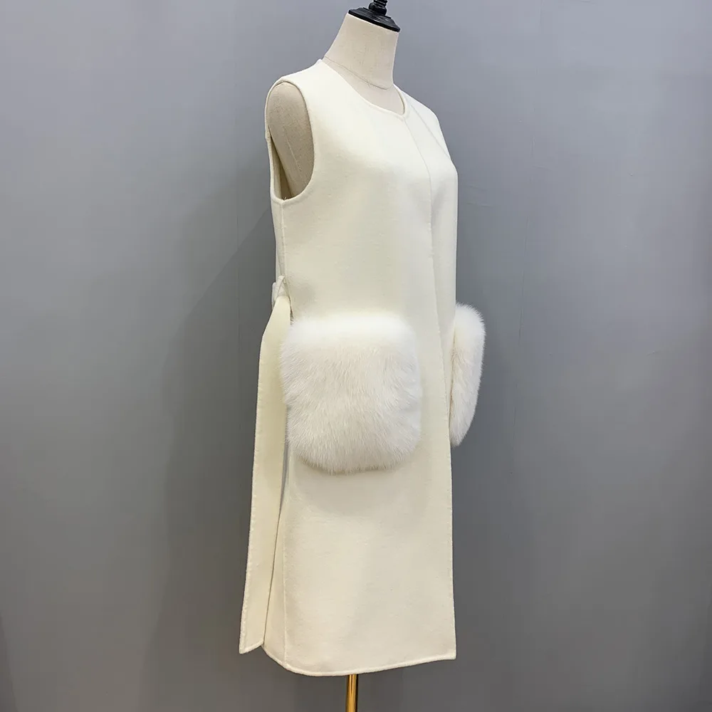 Spring Autumn Real Cashmere Vest With Fox Fur Women Fashion Sleeveless Fur Pocket Gilet Streetwear Wool Waistcoat S3605B
