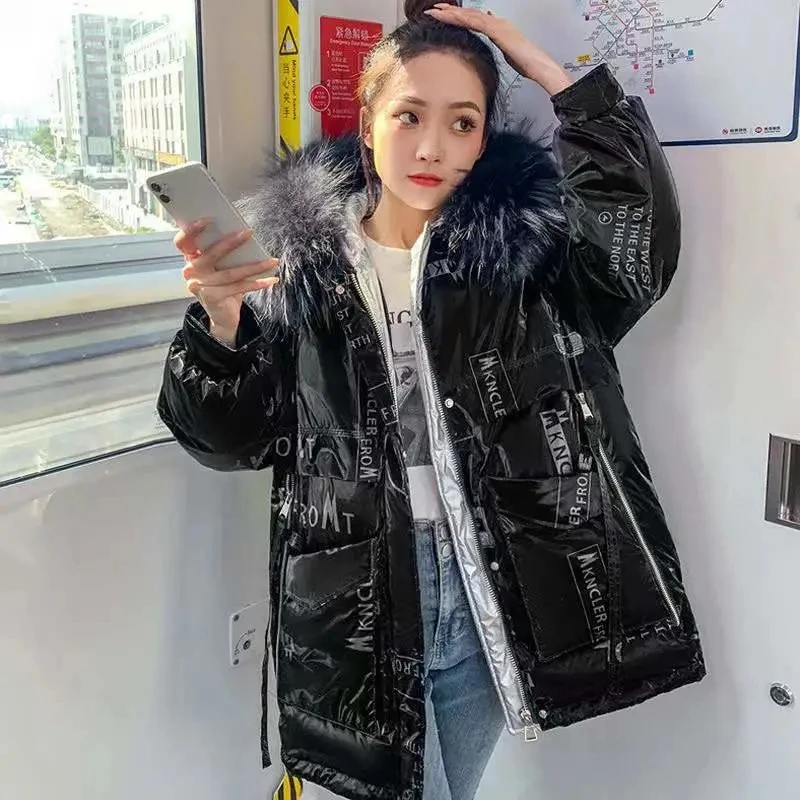 Parkas Women 2022 Winter New Down Padded Jacket Korean Loose Fashion Slim Down Cotton Coat Fur Collar Thick Warm Print Outerwear