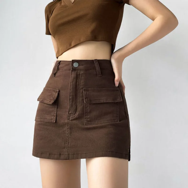 American Retro Coffee Color Mini Skirts Shorts Women Summer New High Waist Slim A-line Denim Short Skirt with Pocket