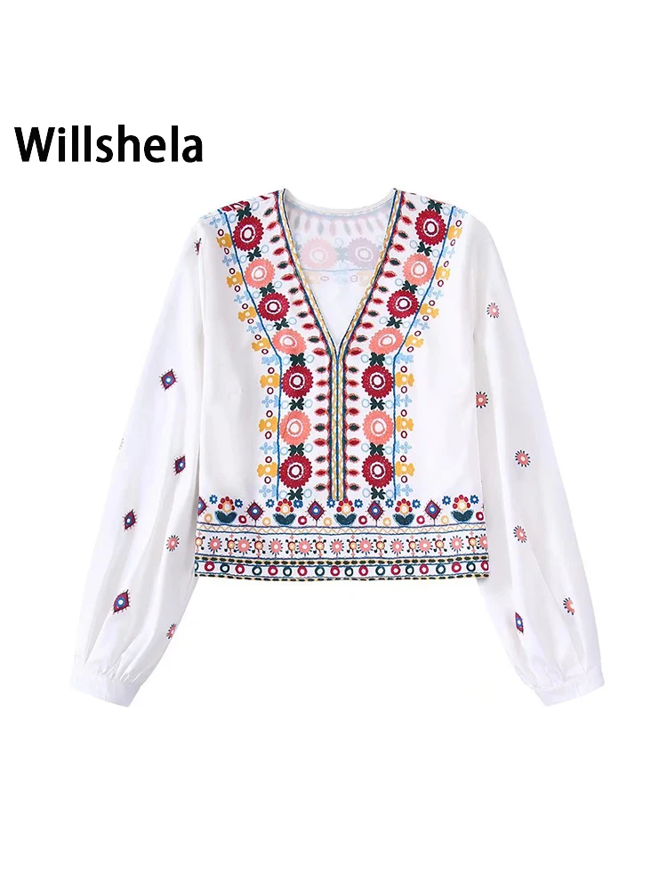 

Willshela Женская модная Лоскутная укороченная блузка с принтом винтажные женские шикарные рубашки с V-образным вырезом и длинными рукавами
