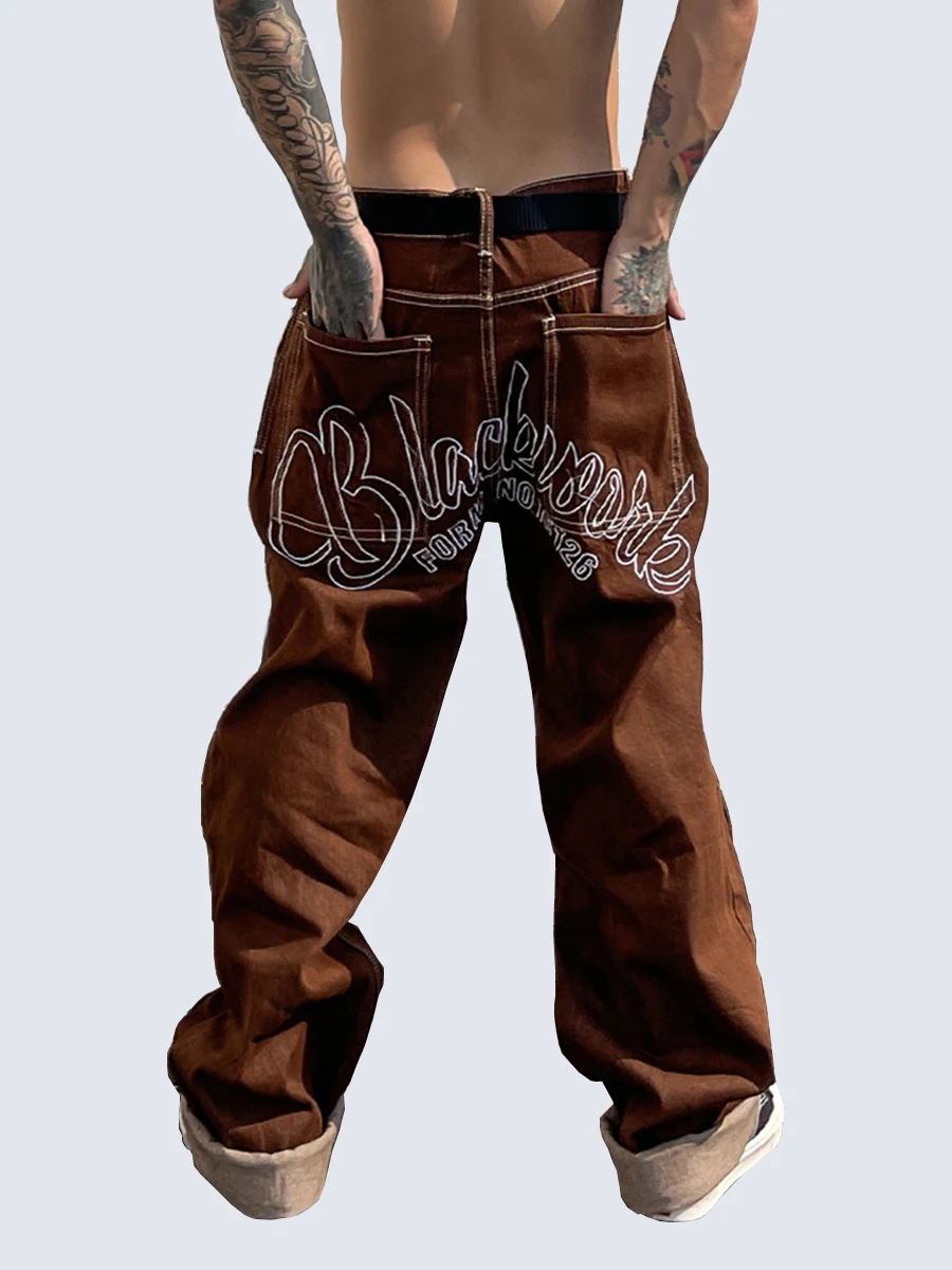 Four Seasons Star Embroidered Straight Loose Fit Boyfriend Pant Pantalone Hombre Y2K Fashion Brown Mid Waist Loose Jeans for Men