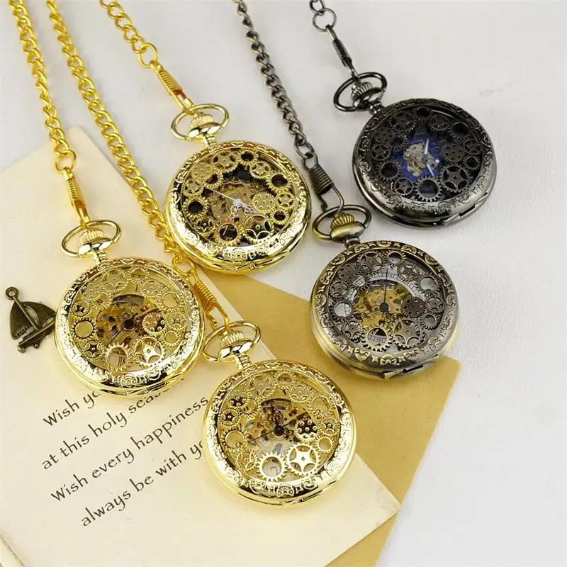 Luxury Mechanical Bronze Gold Pocket Watch for Men Women Skeleton Gear Roman Numeral Dial Fob Chain Pendant Clock for Collection