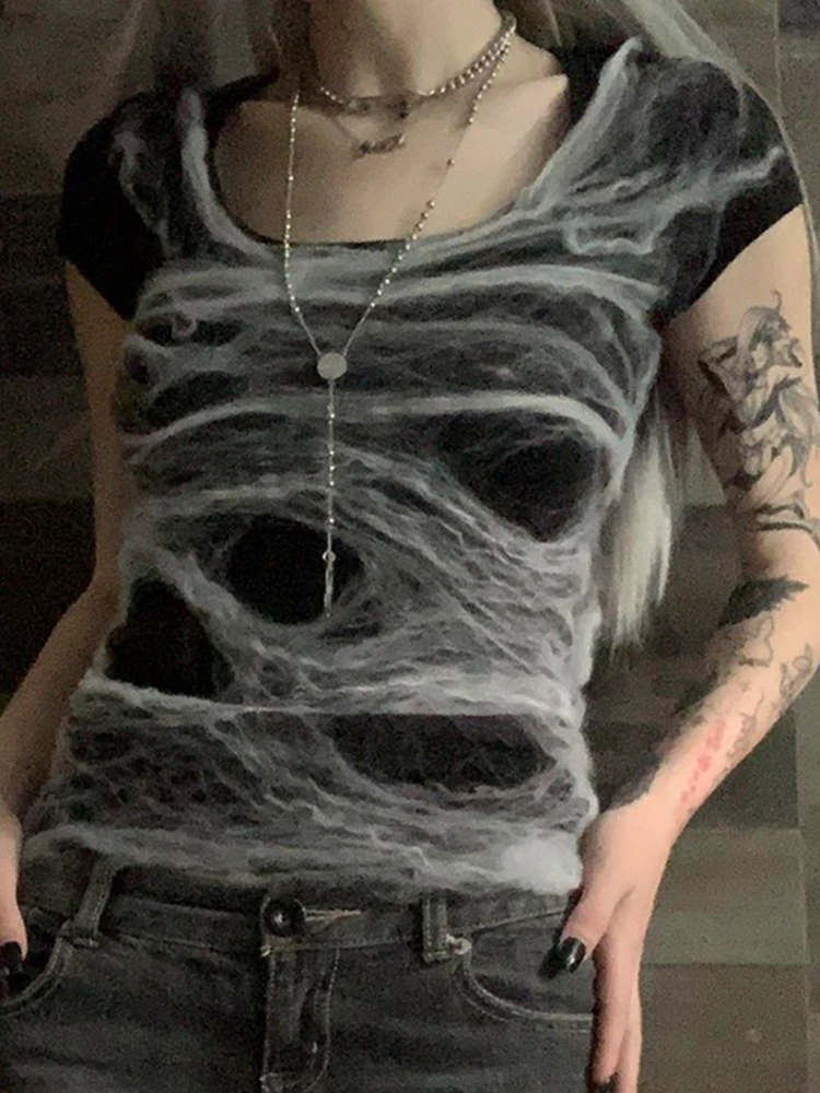 Укороченный топ с принтом WeiYao Y2K короткий рукав Готическая футболка Женская