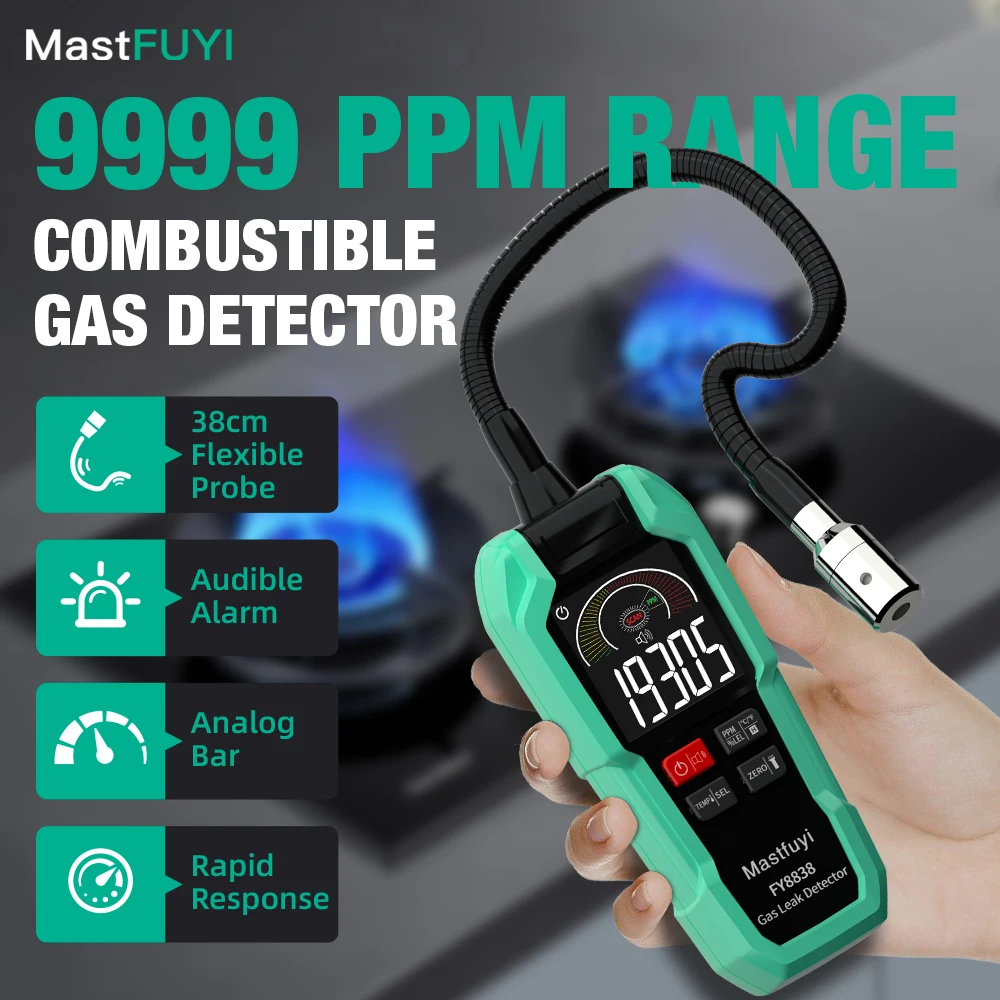 Фото MASTFUYI FY8838 Профессиональный детектор утечки газа 0-9999PPM - Портативный детектор горючего газа для метана LNG Аудио Визуальная сигнализация №2