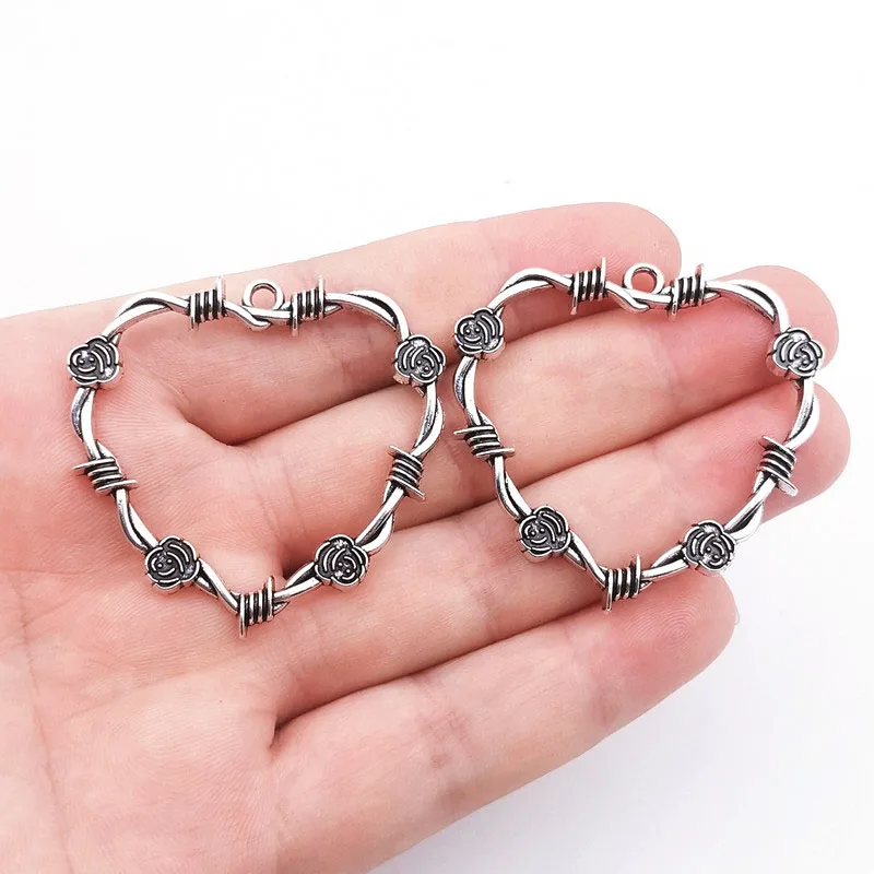 4Pcs 49x46.5mm Antique Silver Color Thorn Love Heart Charms Pendant Designer Charms Fit Jewelry Making DIY Jewelry Accessories