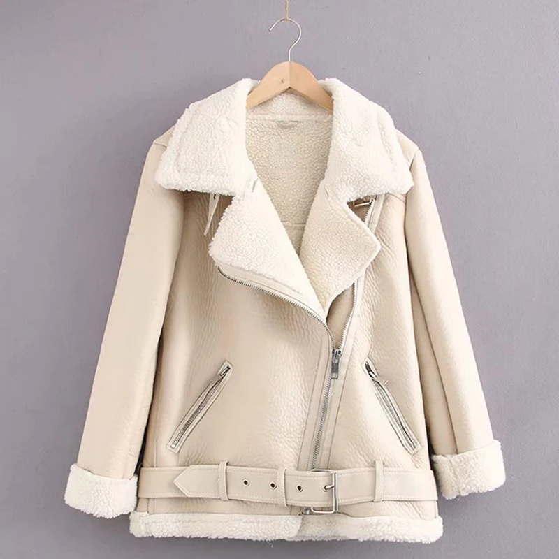 2022 Winter Warm Faux Leather Warm Coat Lambs Wool Fur Jacket Thick Outerwear  Faux Lamb Leather Jacket Women thickening Collar