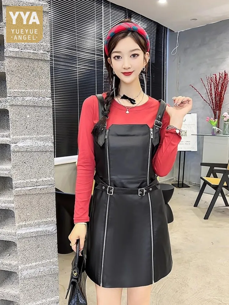 

Женское облегающее платье на молнии, черное ТРАПЕЦИЕВИДНОЕ Короткое платье-карго из натуральной овечьей кожи с поясом и высокой талией, в стиле панк