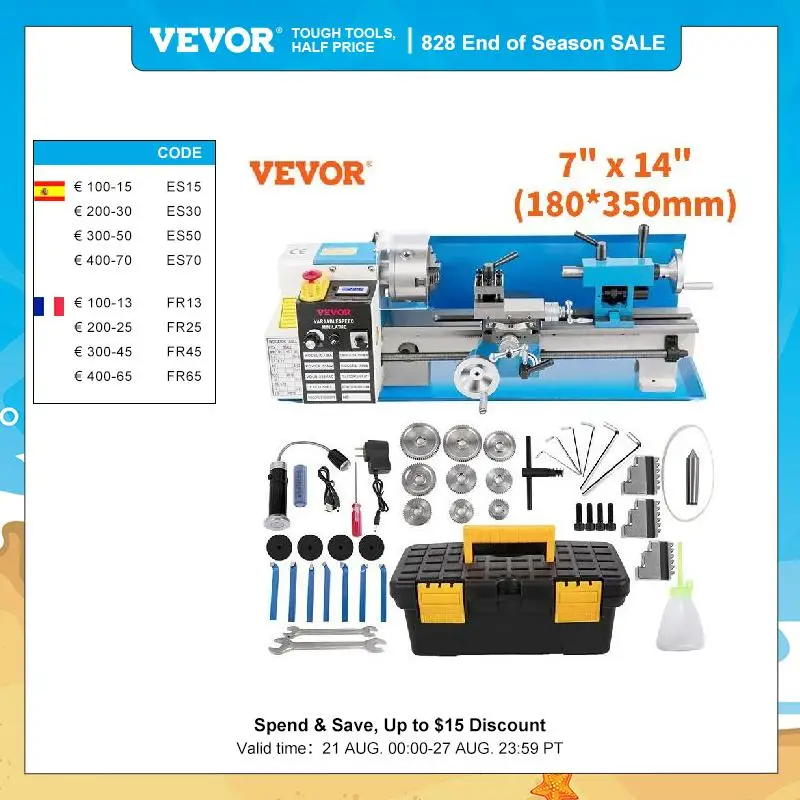 VEVOR Mini Metal Lathe Machine 7"x14" 550W 180x350mm Variabl