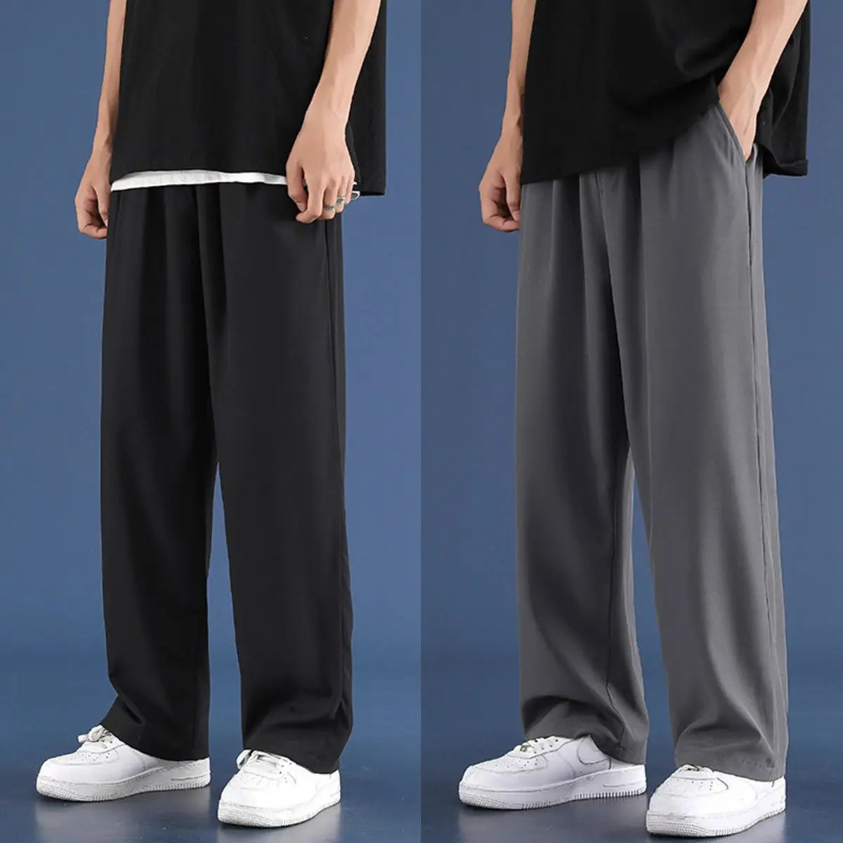 

Summer Versatile Loose Ice Silk Pants Men's Drape Long Pants Fat Casual Sports Breathable Pants Wide Leg Straight Pants A12