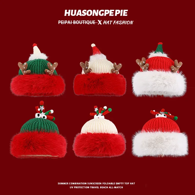 Рождественская Плюшевая Шапка-бини 2024 Женская Универсальная Теплая Вязаная