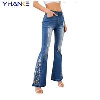 quality cotton elasitc flare womens 3d embroidery boot cut baggy jeans high waist fashion stretch denim trousers y2k