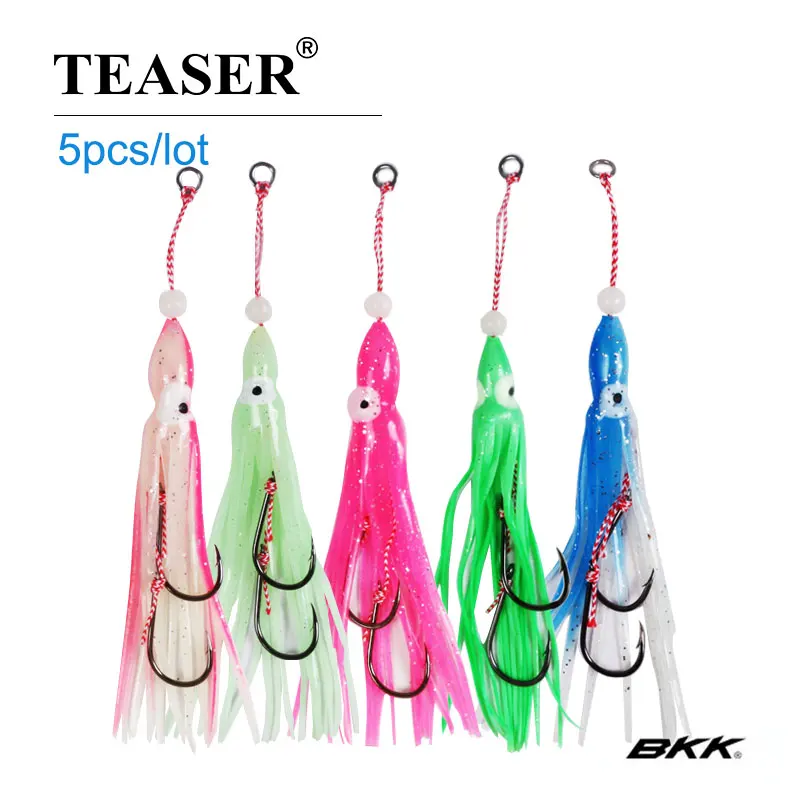 TEASER 5pcs Assist Hooks With BKK Squid Skirts Inchiku Assist Hooks Large Size Jig Octopus Squid Snapper Jig Hook 12cm Soft Bait