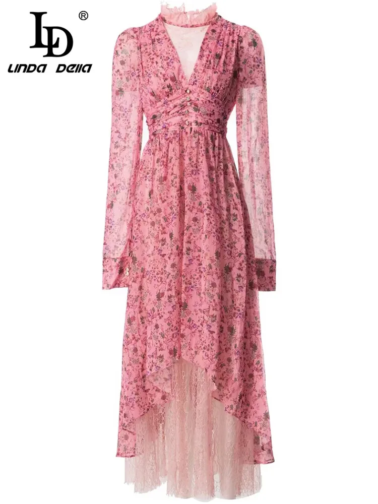 

LD LINDA DELLA модное дизайнерское весеннее платье для женщин с длинным рукавом с цветочным принтом лоскутное кружевное платье для отдыха вечерние элегантное платье
